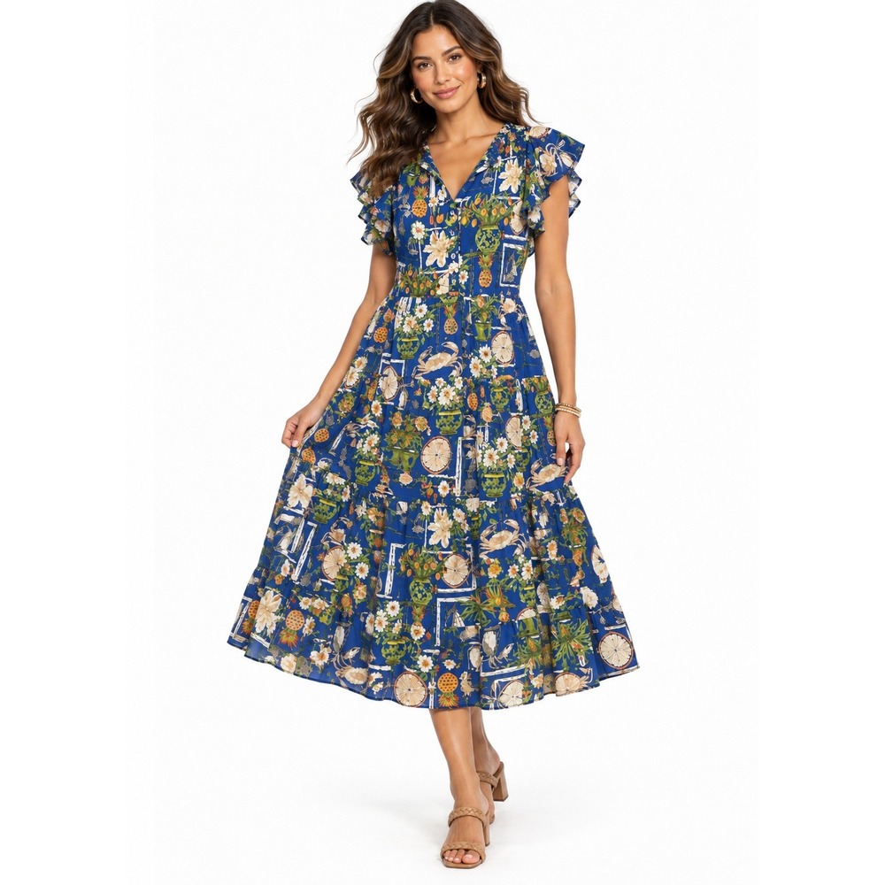 Maggy London Woman Navy Flutter Sleeve Midi Dress Coastal Print Size M Nautical